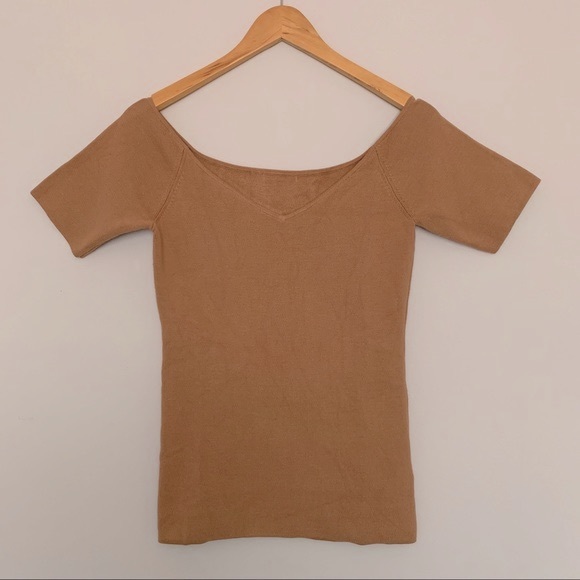 Casual Fitted Half Sleeves Off The Shoulder Knit Top Shirt in Tan Brown (S) - Picture 2 of 4